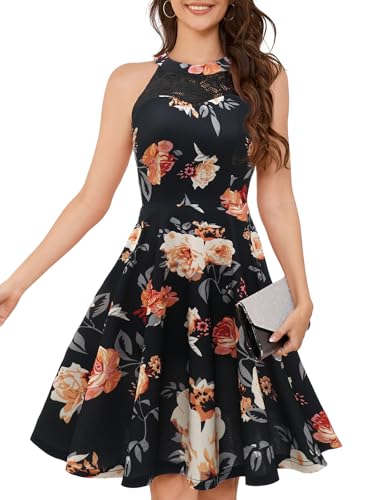 Bbonlinedress Cocktailkleid Damen Sommerkleid Blumendruck Neckholder Festliche Kleider Brautkleid Abendkleider elegant für Hochzeit Black Yellow Rose M von Bbonlinedress