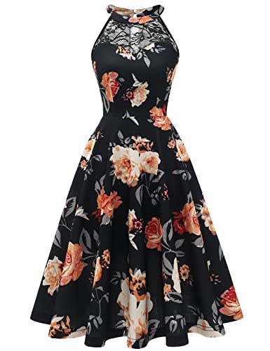 Bbonlinedress Cocktailkleid Damen Sommerkleid Rockabilly Kleid Blumendruck Neckholder Festliche Kleider Brautkleid konfirmationskleider Abendkleider elegant für Hochzeit Black Yellow Rose 2XL von Bbonlinedress