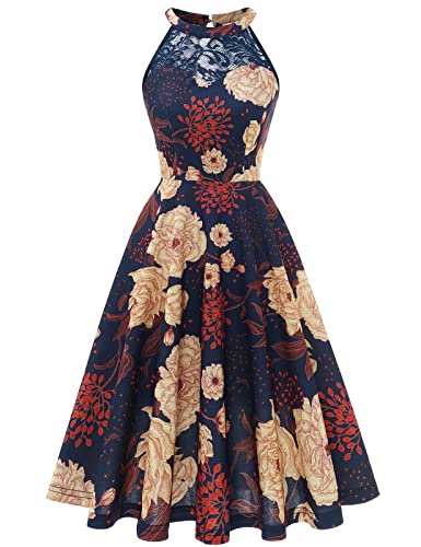 Bbonlinedress Cocktailkleid Damen Sommerkleid Rockabilly Kleid Blumendruck Neckholder Festliche Kleider Brautkleid konfirmationskleider Abendkleider elegant für Hochzeit Navy Yellow Flower 2XL von Bbonlinedress