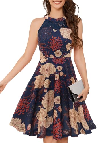 Bbonlinedress Cocktailkleid Damen Sommerkleid Rockabilly Kleid Blumendruck Neckholder Festliche Kleider Brautkleid Abendkleider elegant Navy Yellow Flower M von Bbonlinedress