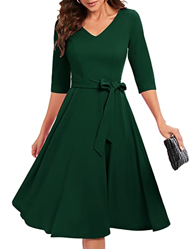 Bbonlinedress Cocktailkleid Damen elegant 3/4 arm V-Ausschnitt Midi Rockabilly Kleider mit Gürtel Abendkleid lang Festliche Kleider Dark Green S von Bbonlinedress