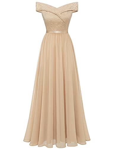 Bbonlinedress Sommerkleid Damen Abendkleid lang Elegant Cocktailkleid Schulterfrei Spitze Chiffon Hochzeit Kleid Brautjunferkleid Prom Bridesmaid Dress Partykleid Ballkleid-2Champagne 3XL von Bbonlinedress