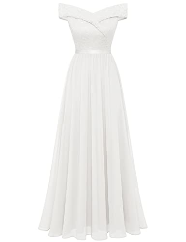 Bbonlinedress Sommerkleid Damen Abendkleid lang Elegant Cocktailkleid Schulterfrei Spitze Chiffon Hochzeit Kleid Brautjunferkleid Prom Bridesmaid Dress Partykleid Ballkleid Weiß-2White L von Bbonlinedress