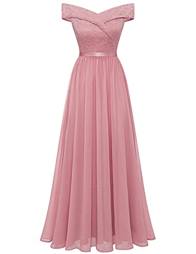 Bbonlinedress Sommerkleid Damen Abendkleid lang Elegant Kleider Schulterfrei Spitze Chiffon Hochzeit Kleid Brautjunferkleid Prom Bridesmaid Dress Partykleid Ballkleid-2Blush 2XL von Bbonlinedress