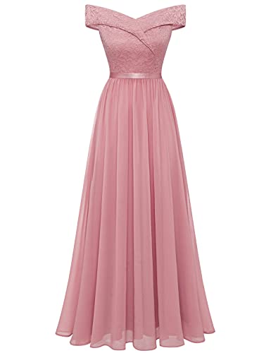 Bbonlinedress Sommerkleid Damen Abendkleid lang Elegant Kleider Schulterfrei Spitze Chiffon Hochzeit Kleid Brautjunferkleid Prom Bridesmaid Dress Partykleid Ballkleid-2Blush 3XL von Bbonlinedress