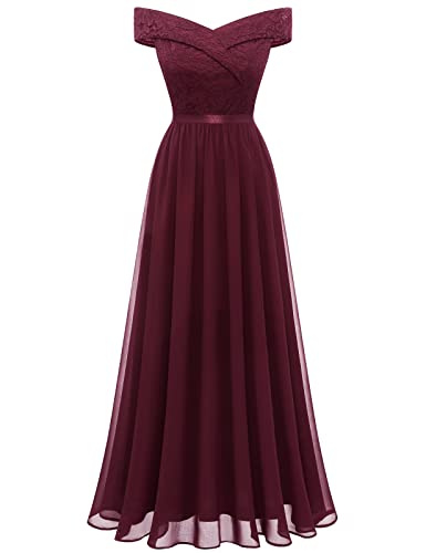 Bbonlinedress Abendkleid elegant für Hochzeit Schulterfrei Spitze Chiffon Kleid Brautjunferkleid Prom Bridesmaid Dress Partykleid Abschlusskleid lang Sommerkleid Ballkleid-2Burgundy L von Bbonlinedress