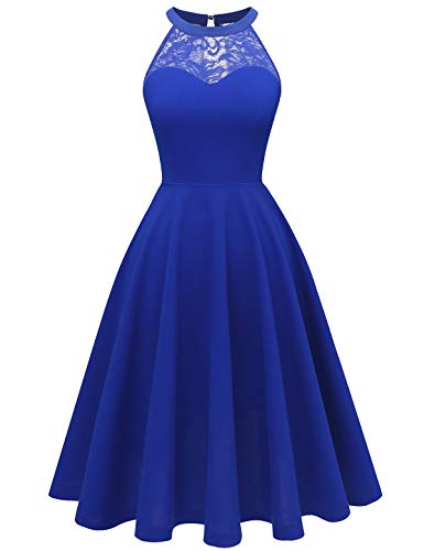 Bbonlinedress Abendkleider elegant für Hochzeit Neckholder Sommerkleid Damen Cocktailkleid Knielang festliches Kleid Brautjungfernkleider Strandkleid Ballkleid Royalblue XS von Bbonlinedress