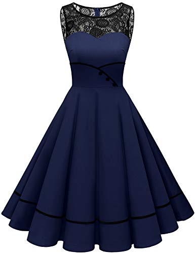 Bbonlinedress Rockabilly Kleider Damen Sommerkleid Abendkleider elegant für Hochzeit Jugendweihe Kleider Spitzenkleid Cocktailkleid Navy 2XL von Bbonlinedress