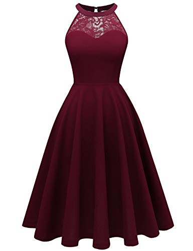 Bbonlinedress Abendkleider elegant für Hochzeit Sommerkleid Damen Festliche Kleider Neckholder Cocktailkleid Brautjungfer Spitzenkleid Burgundy S von Bbonlinedress
