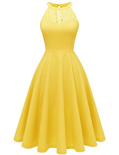 Bbonlinedress Sommerkleid Damen Knielang Cocktailkleid Neckholder Brautjungfer festliches Jugendweihe Kleider Abendkleider Elegant für Hochzeit Strandkleid gelbes Kleid Yellow 2XL von Bbonlinedress