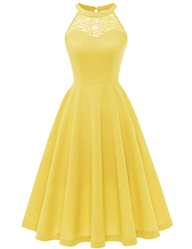 Bbonlinedress Sommerkleid Damen Knielang Cocktailkleid Neckholder Brautjungfer festliches Jugendweihe Kleider Abendkleider Elegant für Hochzeit Strandkleid gelbes Kleid Yellow 3XL von Bbonlinedress