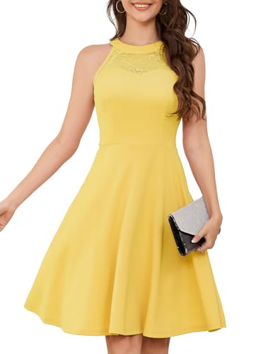Bbonlinedress Sommerkleid Damen Knielang Cocktailkleid Neckholder Brautjungfer festliches Abendkleider Elegant für Hochzeit Strandkleid gelbes Kleid Yellow XL von Bbonlinedress