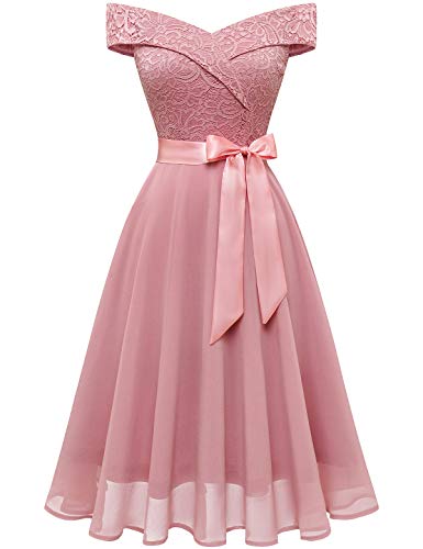 Bbonlinedress Spitzenkleid Cocktailkleid Damen Kleider Festliches Ballkleid Brautjungfernkleider für Hochzeit Knielang Abendkleider Blush 3XL von Bbonlinedress