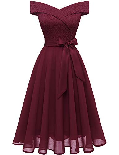 Bbonlinedress Damen Kleider Spitzenkleid Cocktailkleid Festliches Ballkleid Brautjungfernkleider für Hochzeit Knielang Abendkleider Burgundy 2XL von Bbonlinedress