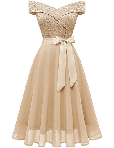 Bbonlinedress Spitzenkleid Damen Kleider Cocktailkleid Festliches Ballkleid Brautjungfernkleider für Hochzeit Knielang Abendkleider Champagne 3XL von Bbonlinedress