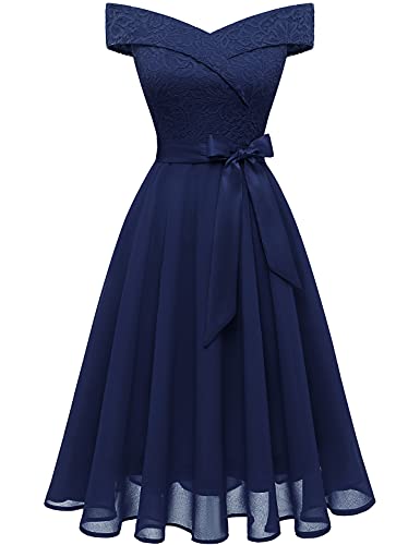 Bbonlinedress Damen Kleider Spitzenkleid Cocktailkleid Festliches Ballkleid Brautjungfernkleider für Hochzeit Knielang Abendkleider Navy 2XL von Bbonlinedress