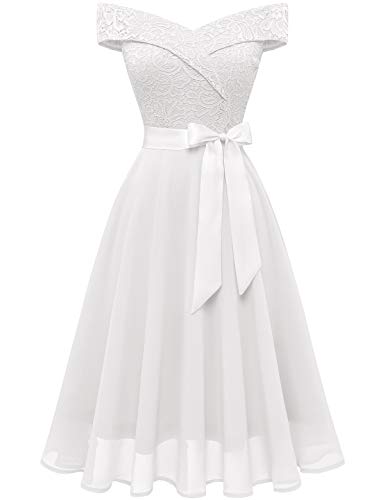 Bbonlinedress Damen Kleider Spitzenkleid Cocktailkleid Festliches Ballkleid Brautjungfernkleider für Hochzeit Knielang Abendkleider White 2XL von Bbonlinedress