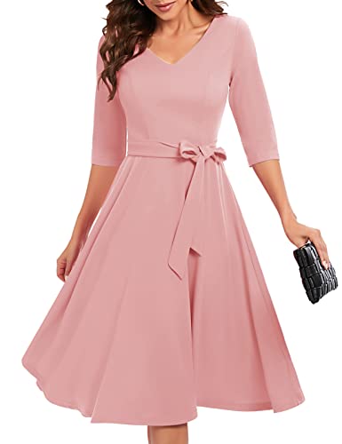 Bbonlinedress Damen Kleider elegant 3/4 arm V-Ausschnitt Midi Rockabilly Kleider mit Gürtel Abendkleid lang Festliche Kleider Blush S von Bbonlinedress