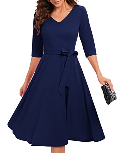 Bbonlinedress Damen Kleider elegant 3/4 arm V-Ausschnitt Midi Rockabilly Kleider mit Gürtel Abendkleid lang Festliche Kleider Navy S von Bbonlinedress