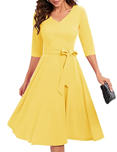Bbonlinedress Damen Kleider elegant 3/4 arm V-Ausschnitt Midi Rockabilly Kleider mit Gürtel Abendkleid lang Festliche Kleider Yellow S von Bbonlinedress
