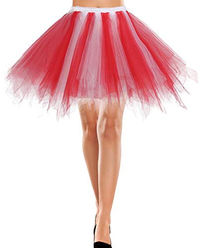 Bbonlinedress Damen Tütü Tutu Rock Minirock Petticoat Cosplay Tanzkleid Dehnbaren Mini Skater Damen Tüllrock für Party Ballett Tanzen Kostüme Weihnachten Red-White M von Bbonlinedress