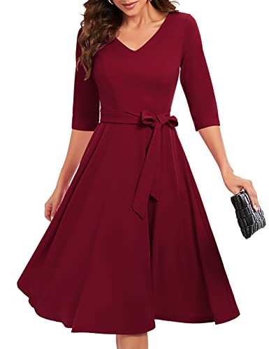 Bbonlinedress Festliche Kleider Damen 3/4 arm V-Ausschnitt Rockabilly Kleider Midilang Abendkleid lang Elegante Kleider mit Gürtel Burgundy 3XL von Bbonlinedress