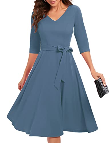 Bbonlinedress Festliche Kleider Damen 3/4 arm V-Ausschnitt Rockabilly Kleider Midilang Abendkleid lang Elegante Kleider mit Gürtel Greyblue 3XL von Bbonlinedress