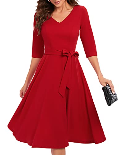 Bbonlinedress Festliche Kleider Damen 3/4 arm V-Ausschnitt Rockabilly Kleider Midilang Abendkleid lang Elegante Kleider mit Gürtel Red 3XL von Bbonlinedress