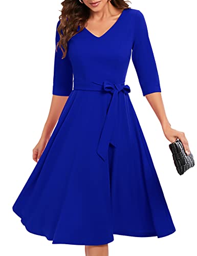 Bbonlinedress Festliche Kleider Damen 3/4 arm V-Ausschnitt Rockabilly Kleider Midilang Abendkleid lang Elegante Kleider mit Gürtel Royalblue 3XL von Bbonlinedress