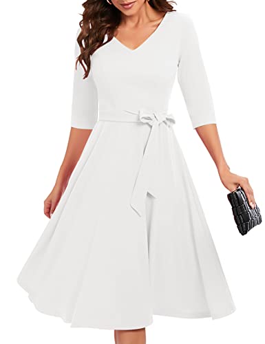 Bbonlinedress Festliche Kleider Damen 3/4 arm V-Ausschnitt Rockabilly Kleider Midilang Abendkleid lang Elegante Kleider mit Gürtel White 3XL von Bbonlinedress