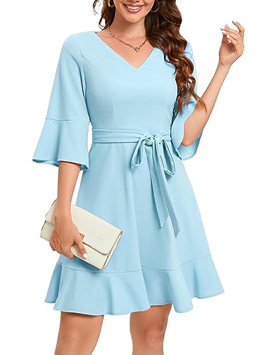 Bbonlinedress Festliche Kleider Damen V-Ausschnitt 3/4 arm Glockenärmeln Rockabilly Kleider Knielang Abendkleid Elegante für Hochzeit Freizeitkleider Blue 2XL von Bbonlinedress