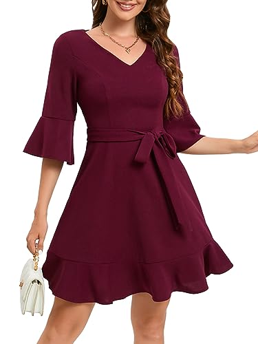 Bbonlinedress Festliche Kleider Damen V-Ausschnitt 3/4 arm Glockenärmeln Rockabilly Kleider Knielang Abendkleid Elegante für Hochzeit Freizeitkleider Burgundy XL von Bbonlinedress