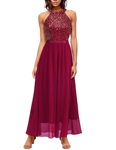 Bbonlinedress Festliches Glitzer Kleid Damen Neckholder Chiffon Cocktail Maxi Brautkleid Sequin jugendweihes Partykleid Pailletten Abendkleider elegant für Hochzeit Burgundy 2XL von Bbonlinedress