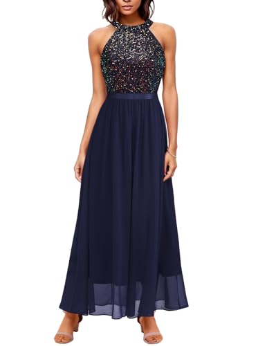 Bbonlinedress Festliches Glitzer Kleid Damen Neckholder Chiffon Cocktail Maxi Brautkleid Sequin jugendweihes Partykleid Pailletten Abendkleider elegant für Hochzeit Navy 2XL von Bbonlinedress