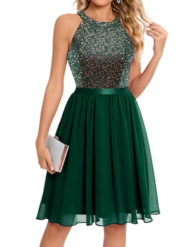 Bbonlinedress Festliches Glitzer Kleid Damen Neckholder weihnachtskleid Cocktail Pailletten Brautkleid Party Abendkleider elegant für Hochzeit Dark Green 2XL von Bbonlinedress