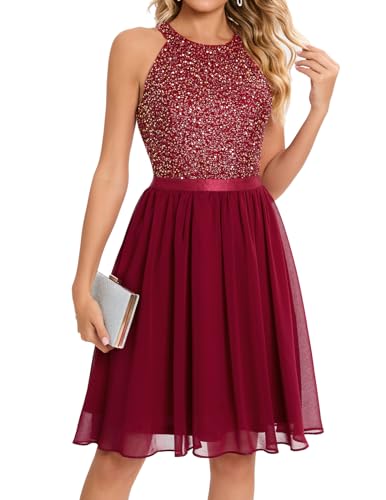 Bbonlinedress Festliches Kleid Damen Pailletten Neckholder weihnachtskleid Cocktail Brautkleid Glitzer Party Abendkleider elegant Ballkleid Burgundy 2XL von Bbonlinedress