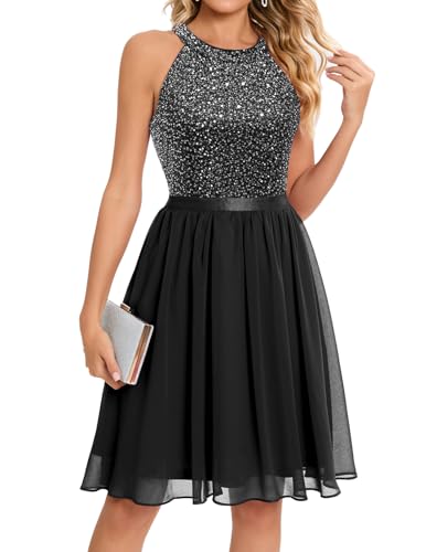 Bbonlinedress Festliches Kleid mit Pailletten Damen Winterkleid Neckholder weihnachtskleid Glitzer Cocktail Brautkleid Party Abendkleider elegant Black 2XL von Bbonlinedress