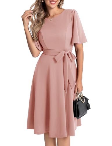 Bbonlinedress Sommerkleid Damen festliches Kleid midilang Cocktailkleid Kurzarm Abendkleider elegant für Hochzeit Vintage Party Kleider Blush 2XL von Bbonlinedress