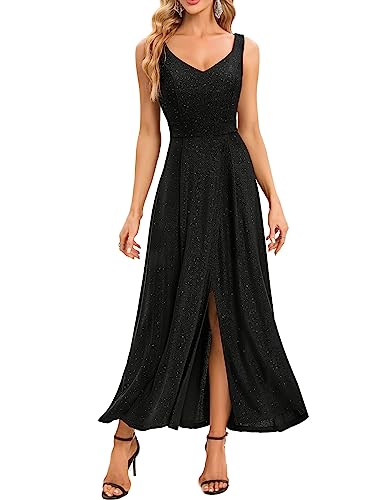 Bbonlinedress Glitzer Kleid Damen Abendkleider elegant Maxilang V-Ausschnitt Brautkleid Silvester Schlitz Partykleid festliches Cocktailkleid Black L von Bbonlinedress