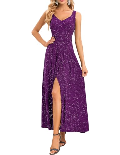 Bbonlinedress Glitzer Kleid Damen Abendkleider elegant Maxilang V-Ausschnitt Brautkleid Silvester Schlitz Partykleid festliches Cocktailkleid Grape 2XL von Bbonlinedress