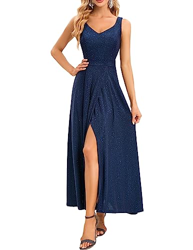 Bbonlinedress Glitzer Kleid Damen Abendkleider elegant Maxilang V-Ausschnitt Brautkleid Silvester Schlitz Partykleid festliches Cocktailkleid Navy 2XL von Bbonlinedress