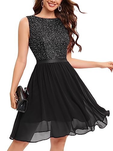 Bbonlinedress Glitzer Kleid Damen festliches Kleid Silvester Rundhals jugendweihes Cocktailkleid Party Brautkleid Abendkleider elegant für Hochzeit Black 2XL von Bbonlinedress