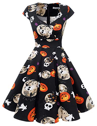 Bbonlinedress Halloween Kleid 1950er Vintage Retro Cocktailkleid Rockabilly V-Ausschnitt Faltenrock Skull XS von Bbonlinedress