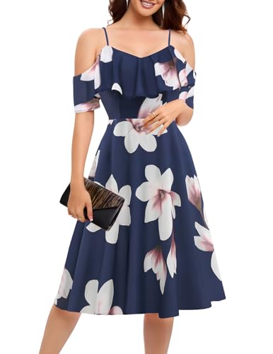 Bbonlinedress Cocktailkleid Damen Herbstkleid elegant midilang Partykleid festliches Trägerkleid Schulterfrei Brautjungfernkleider mit Rüschen Navy Blue Flower 2XL von Bbonlinedress