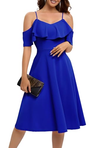 Bbonlinedress Herbstkleid Damen Abendkleider elegant für Hochzeit Cocktailkleid midilang Partykleid festliches Trägerkleid Schulterfrei Brautjungfernkleider Royal Blue 3XL von Bbonlinedress