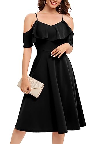 Bbonlinedress Cocktailkleid Damen Herbstkleid Knielang Abendkleider elegant Hochzeitsgast festliches Trägerkleid Party Casual Schulterfrei Strandkleid Black S von Bbonlinedress
