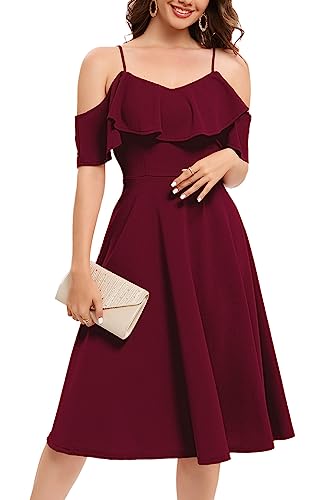 Bbonlinedress Kleid Damen Sommer Schulterfrei elegant Trägerkleid mit Rüschen Midilang festliches Party Cocktailkleid Casual Strandkleid Burgundy 2XL von Bbonlinedress