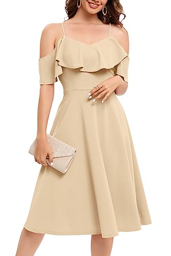 Bbonlinedress Kleid Damen Sommer Schulterfrei elegant Trägerkleid mit Rüschen Midilang festliches Party Cocktailkleid Casual Strandkleid Champagne S von Bbonlinedress