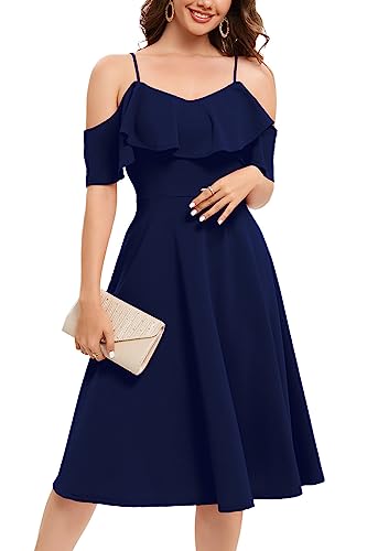 Bbonlinedress Kleid Damen Sommer Schulterfrei elegant Trägerkleid mit Rüschen Midilang festliches Party Cocktailkleid Casual Strandkleid Navy 2XL von Bbonlinedress