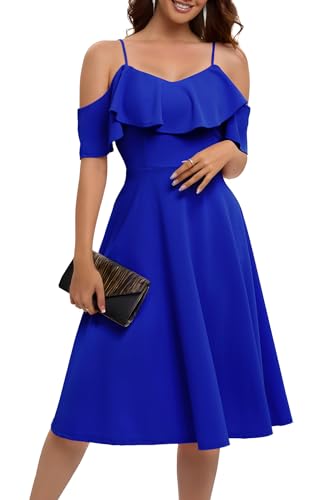 Bbonlinedress Kleid Damen Sommer Schulterfrei elegant Trägerkleid mit Rüschen Midilang festliches Party Cocktailkleid Casual Strandkleid Royal Blue S von Bbonlinedress